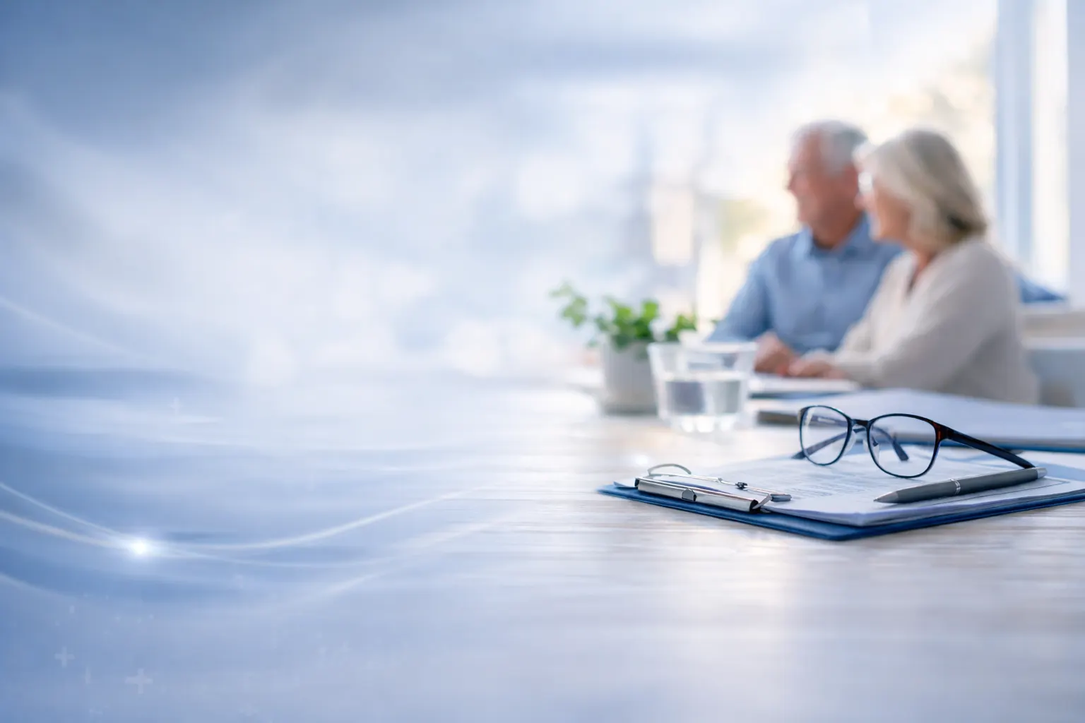 A quiet scene of older adults reviewing paperwork